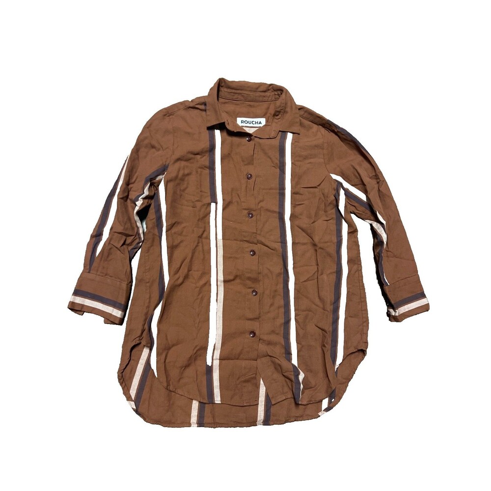 Roucha Womens Brown Long Sleeve Button Striped Cotton Fish Cut Collared Shirt